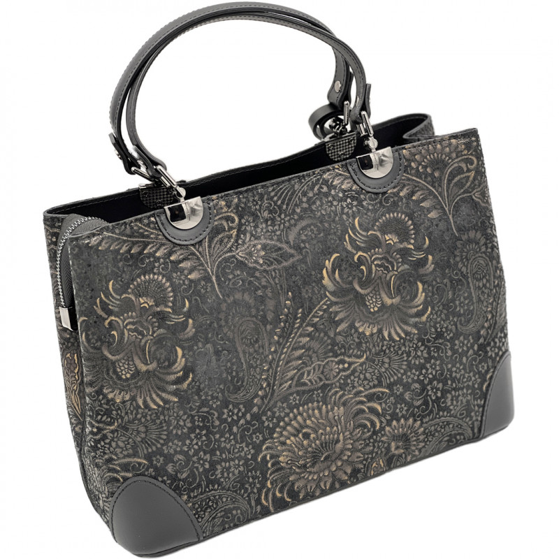 Geanta Piele Naturala de Dama cu Model Floral, Made in Italy, Curea de umar, 30x24x11,5 cm