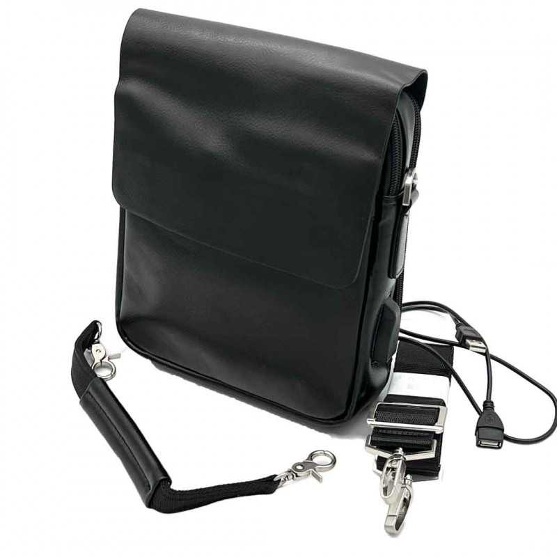 Borseta Barbati de Umar Moderna, Piele Neagra Ecologica, Slot USB, Curele Detasabile Reglabile, 20x25x6 cm