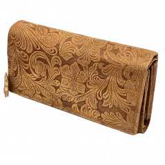 Portofele Vintage Dama Auriu / Nude cu Imprimeu floral in Relief, Protectie RFID, Piele Naturala, 18.5 x 10 x 3.5 cm